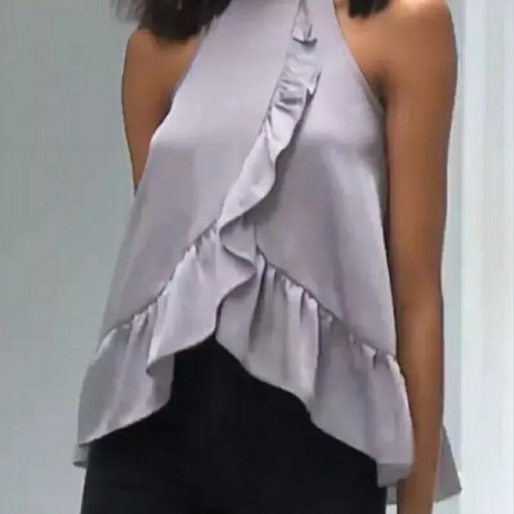 ASOS brand silvery lilac satiny halter ruffle blouse size 8 - Picture 3 of 14